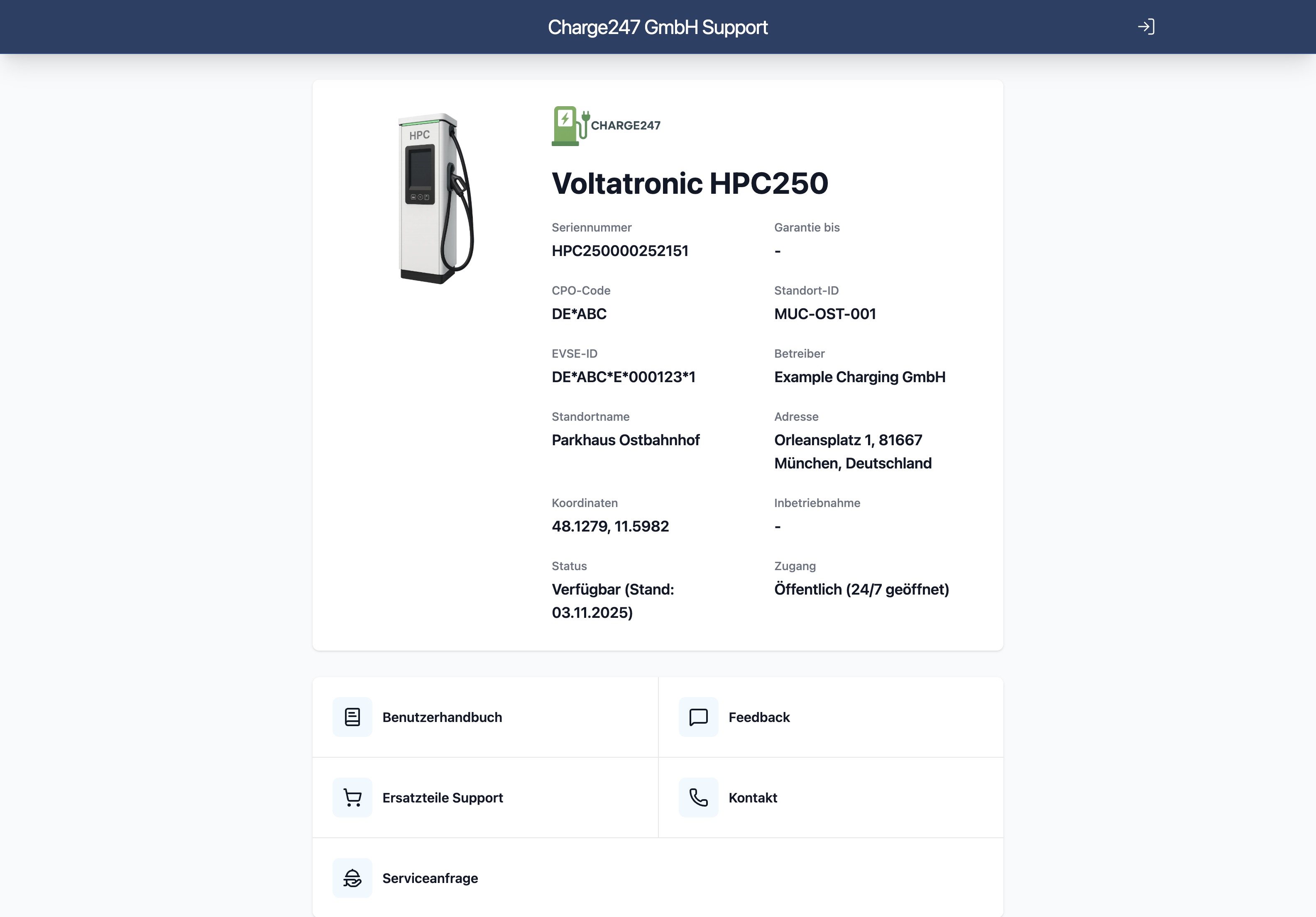 Screenshot der intuAid App, Landingpage des Geräts nach dem Scan des QR-Codes